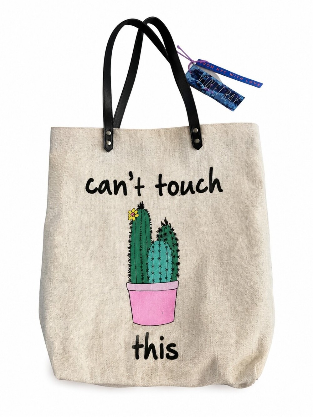 NWT Violet Ray Cactus Linen Tote Bag Funny "Can't Touch This" Vegan Leather - Picture 2 of 8